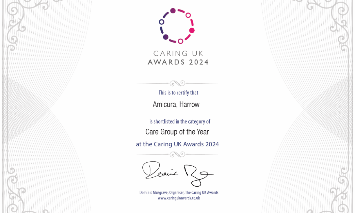 Amicura, Harrow shortlisted for Care Group of the Year at the Caring UK Awards 2024, showcasing high-quality residential care and industry recognition.