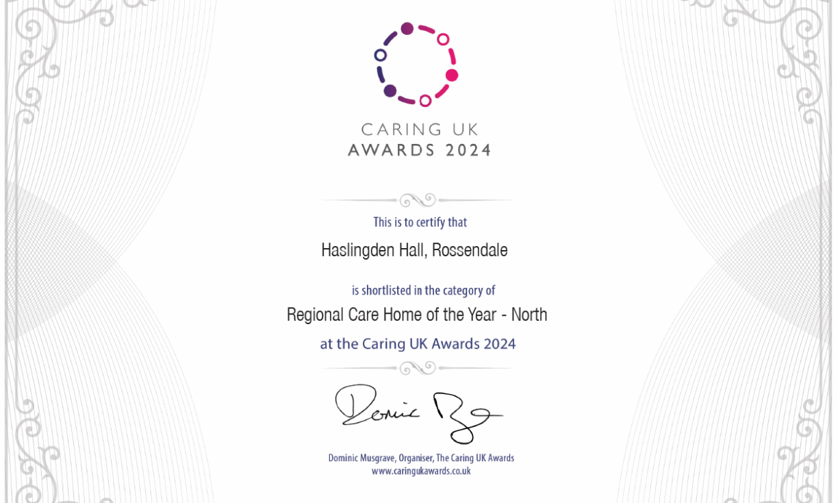 Haslingden Hall, Rossendale shortlisted for Regional Care Home of the Year - North at the Caring UK Awards 2024, showcasing leading residential care in the North region.