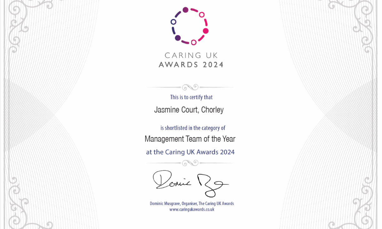 Jasmine Court, Chorley shortlisted for Management Team of the Year at the Caring UK Awards 2024, showcasing excellence in care home leadership and dedicated staff.