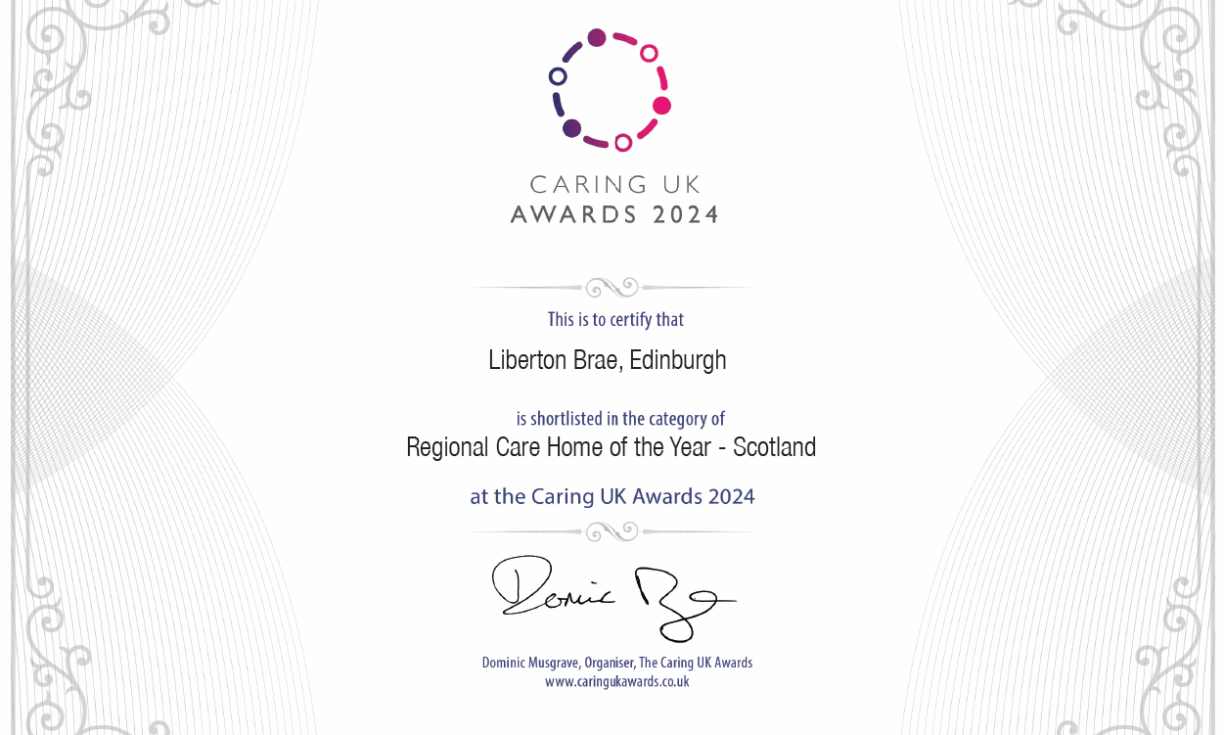 Liberton Brae, Edinburgh shortlisted for Regional Care Home of the Year - Scotland at the Caring UK Awards 2024, showcasing leading residential care in Scotland.